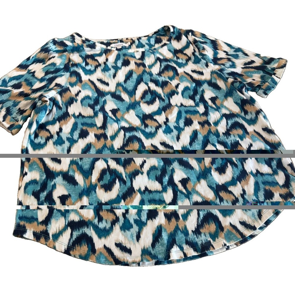 Chicos 3 Womens XL Short Sleeve Top Teal Navy Abstract Ikat Print Made Vietnam